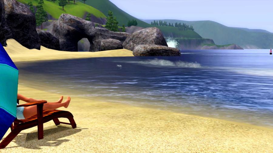 A screenshot from the game, The Sims 3, of a woman lying on a deck chair on a beach
