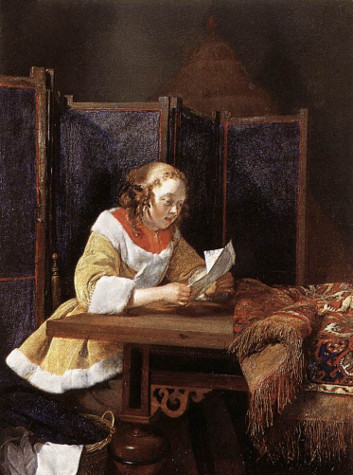 A painting of a woman reading a letter, by Gerard Terborch, circa 1662.  The image, for this post, represents the fact that you'll often read a letter with the writer's voice narrating it in your head