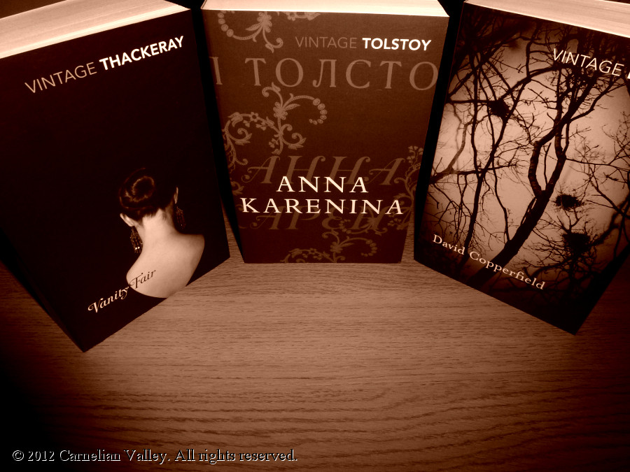 A photograph of three classic books: Vanity Fair, Anna Karenina, and David Copperfield
