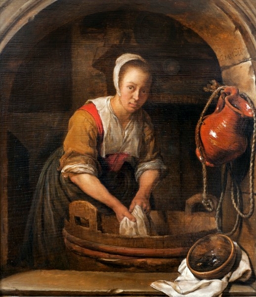 A painting of a woman washing clothes, by Gabriël Metsu, circa early 1600s.