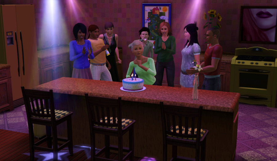 A screenshot from the Sims, of a number of people cheering for the birthday girl who is about to blow out the candles on a cake