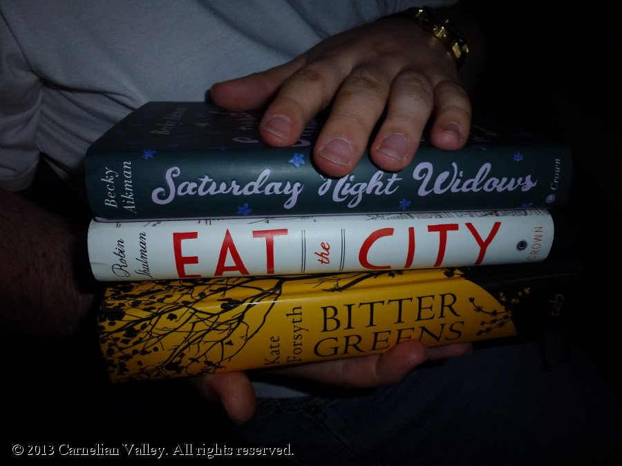 A photo of three books I would lend to anyone: Saturday Night Widows, Eat The City, and Bitter Greens