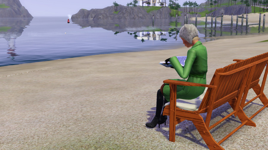A screenshot from the Sims, of a person in a coat reading on the beach