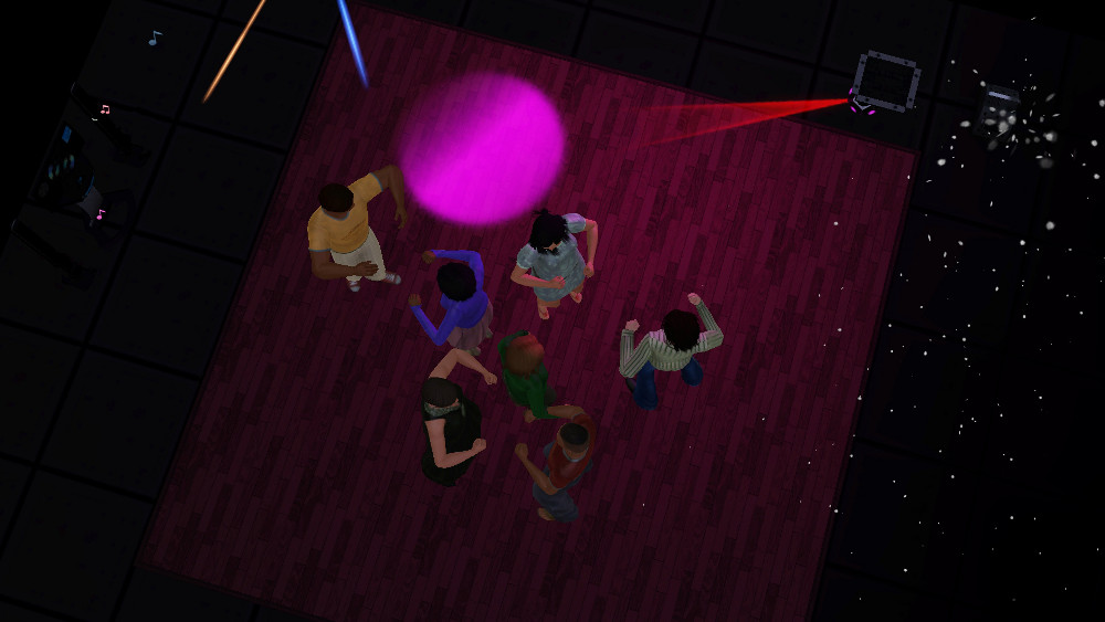 A screenshot from the Sims, of people dancing at a disco