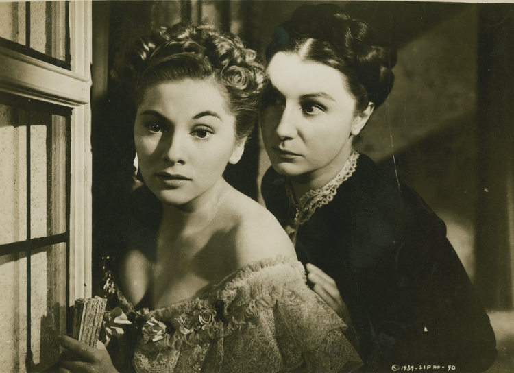 A screen shot Joan Fontaine and Judith Anderson as the heroine and Mrs Danvers in Alfred Hitchcock's adaptation of Rebecca