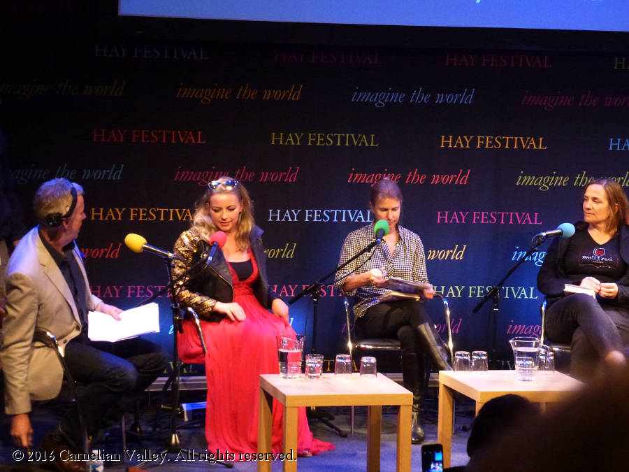 A photograph of John Wilson, Charlotte Church, Lionel Shriver, and Tracy Chevalier