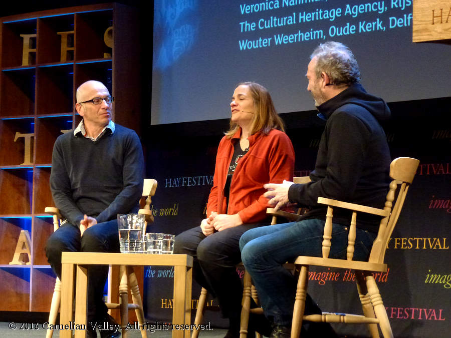 A photograph of Phil Grabsky, Tracy Chevalier, and David Bickerstaff