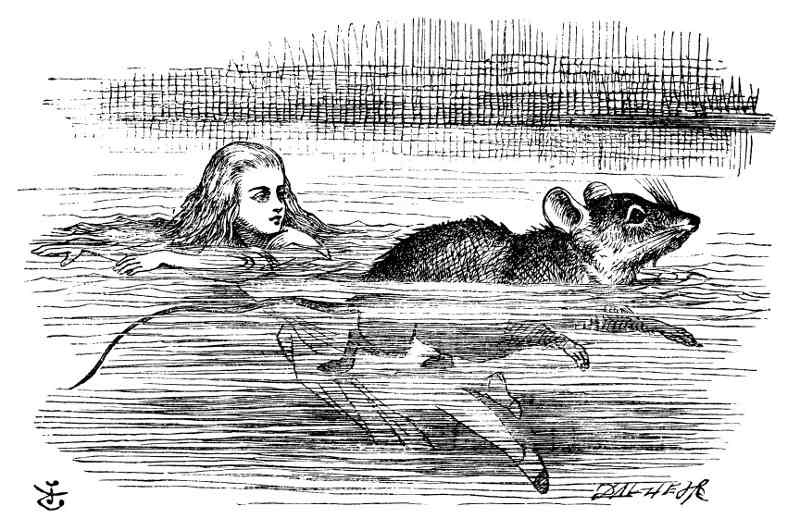 One of the original illustrations for Alice's Adventures In Wonderland, showing Alice and the mouse swimming in the pool of tears