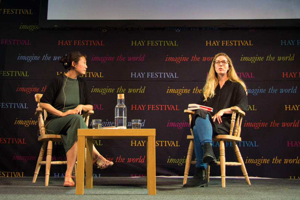A photograph of Madeleine Thien and Jemimah Steinfield at the Hay Festival
