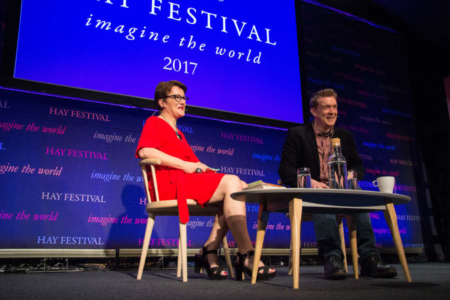 A photograph of Rosie Goldsmith and David Mitchell at the Hay Festival