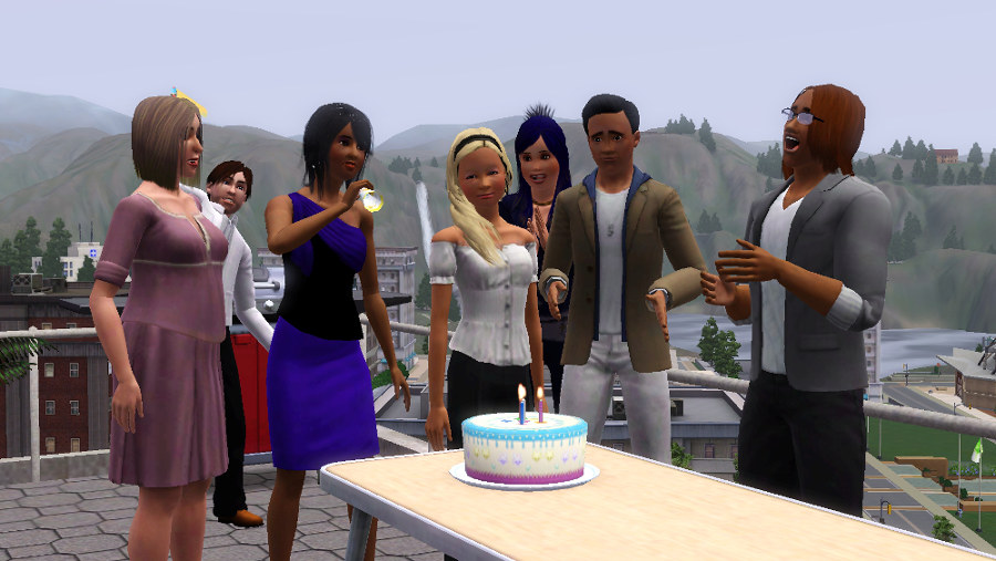 A screenshot from the Sims 3 of a birthday party