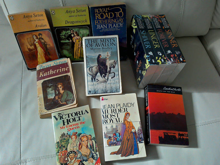 A photograph of the books: Anya Seton's Avalon, Dragonwick, and Katherine; Marion Zimmer Bradley's The Mists Of Avalon; Jean Plaidy's Royal Road To Fotheringhay, and Murder Most Royal; Victoria Holt's My Enemy The Queen; Agatha Christie's Death On The Nile; Maggie Stiefvater's Shiver, Linger, Forever, and Sinner