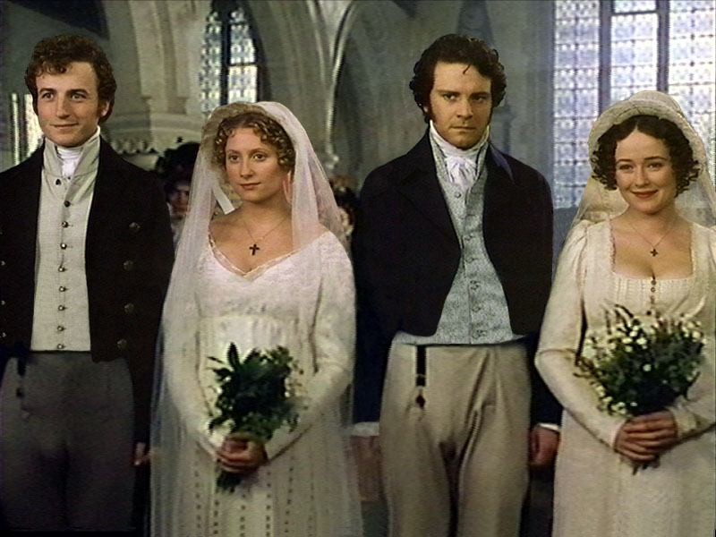 A screen shot from the 1995 BBC production of Pride and Prejudice showing Bingley, Jane, Darcy, and Elizabeth at the altar