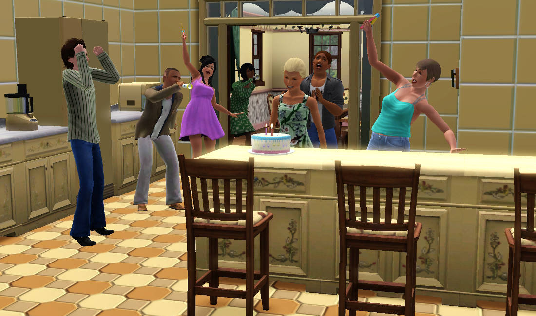 A screenshot from The Sims showing a birthday party